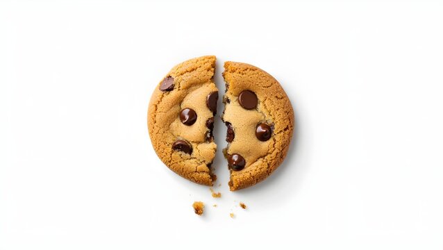 Delicious chocolate chip cookie broken in half on a white background showing crumb texture - Powered by Adobe