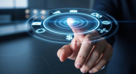 Human Finger Interacting with Futuristic Digital Interface Displaying Business Icons and Financial Symbols