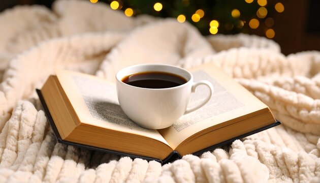 Cozy scene of coffee cup on open book nestled in a soft blanket, bokeh lights in background - Powered by Adobe