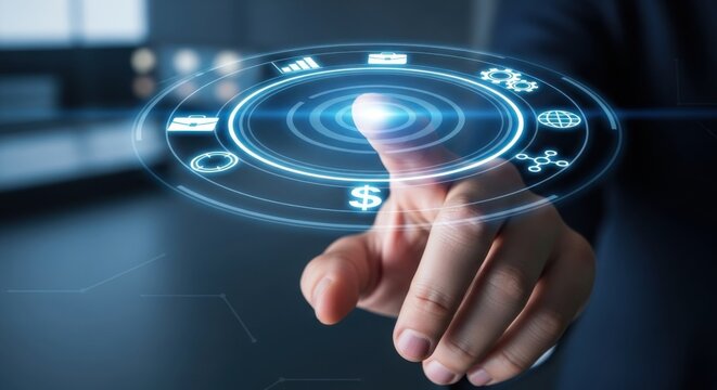 Human Finger Interacting with Futuristic Digital Interface Displaying Business Icons and Financial Symbols