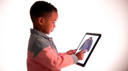 Child using digital tablet to browse and select clothing item on bright white background