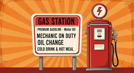 Retro poster design template for gas station. Retro poster design for gas pump. Gas station, motor oil and gasoline.	