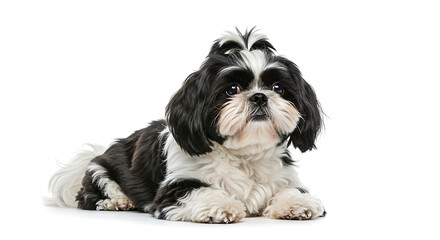Shih Tzu dog with long silky hair sitting elegantly on a white background

