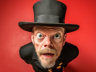 Vintage dressed man with black top hat making a quirky pose in Old era clothes