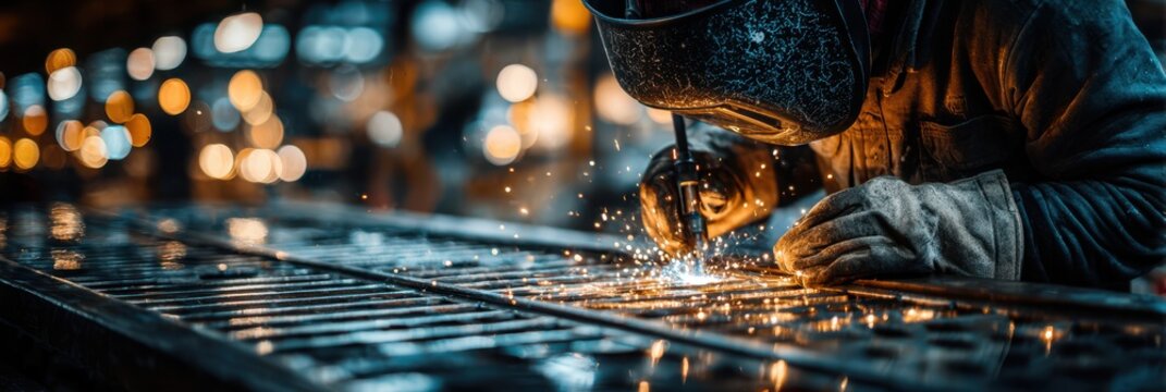 Skilled welder working on metal fabrication in a workshop with sparks flying during evening hours