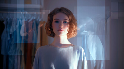Young woman standing in front of futuristic digital wardrobe interface with translucent panels and ambient light