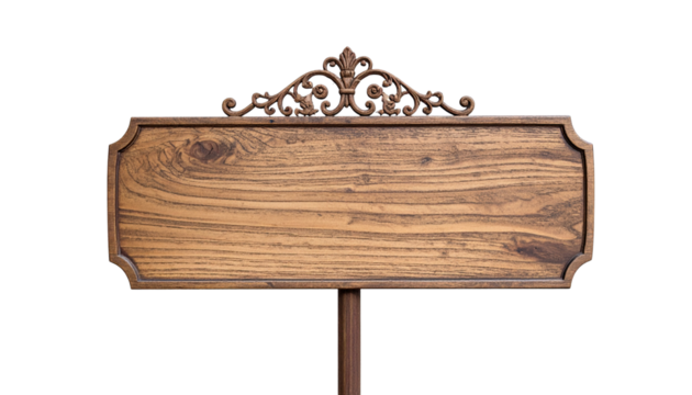 Vintage wooden placard with ornate frame, isolated on transparent background