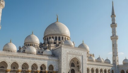Fototapeta premium Majestic Islamic mosque with white domes and minarets under clear blue sky