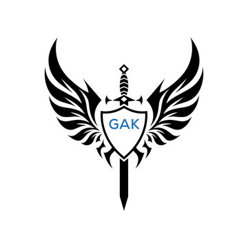 GAK "Warrior Shield and Sword Emblem with Wings Logo," "Black Tribal Winged Sword Crest Vector, GAK Later Logo,  Heraldic Emblem with Wings, Sword, and Shield,"
