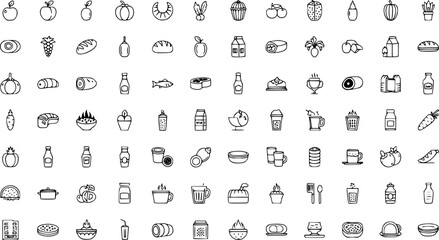 black and white icons of food and drink, vector graphics style
