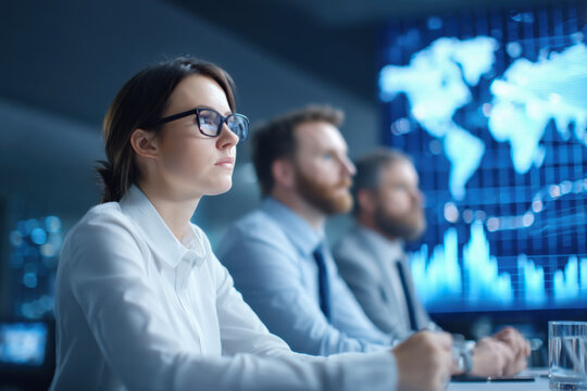 A focused woman listens intently during a business meeting, with colleagues and a digital world map displayed in the background.
