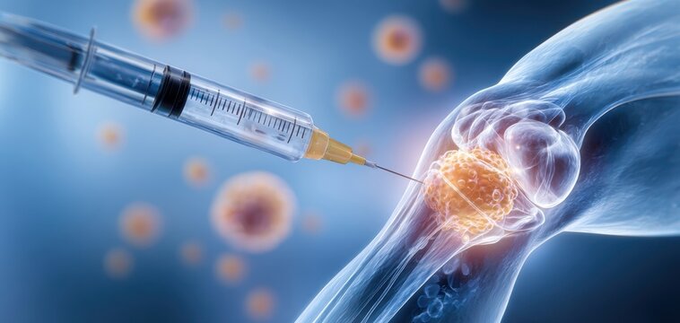 The syringe injecting treatment into the knee joint for better health outcomes.