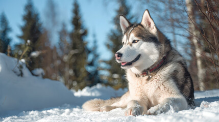 Naklejka premium Husky Dog Sitting in Snow