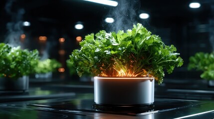 A modern kitchen setting with a vibrant cilantro plant, emanating steam, showcasing the fusion of nature and technology in home gardening for fresh culinary ingredients.