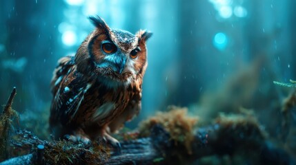 A striking owl perched on a mossy branch amidst a mystical forest, adorned with soft blues and shimmering droplets, capturing the essence of wildlife in its natural habitat.