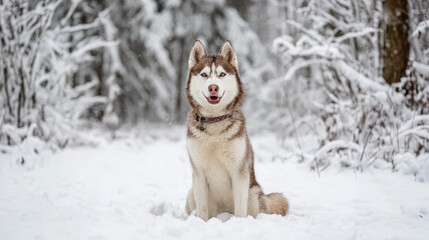 Naklejka premium Husky Dog Sitting in Snow