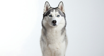 Siberian husky dog looking alert and proud against a bright white background