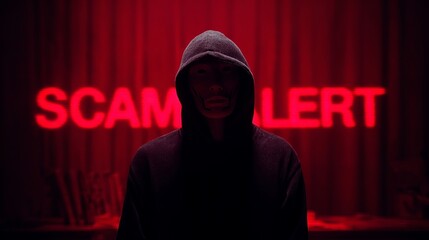 An anonymous figure in a hoodie stands before a bright red 'SCAM ALERT' sign, creating an eerie atmosphere.