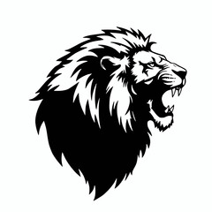 Obraz premium solid black silhouette of a roaring lion, side view, minimal white background
