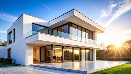 Fototapeta premium White Building Exterior With Blue Sky and Sun Rays