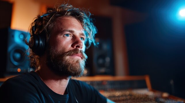A concentrated audio engineer immersed in the world of sound, capturing the essence of music production within a professional studio environment filled with equipment and creativity.