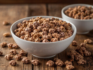 White bowl filled with chocolate cereal on wooden table breakfast food