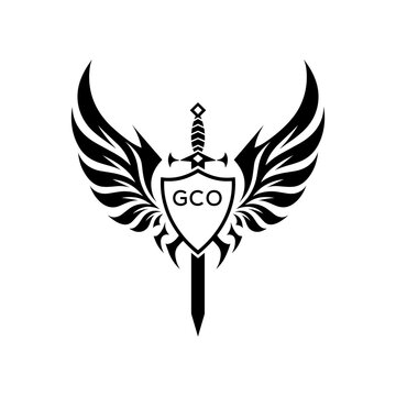 GCO Winged Sword and Shield Logo with GCO Letters, GCO Later Logo, Heraldic Emblem, Black and White Vector Design

