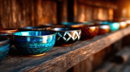 A visually captivating display of handcrafted colorful bowls on a rustic shelf emphasizes the dedication and skill involved in artisan pottery, celebrating creativity and cultural heritage.