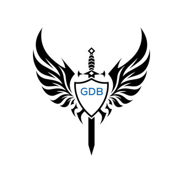 GDB Winged Sword and Shield Logo with GDB Letters, GDB Later Logo, Heraldic Emblem, Black and White Vector Design
