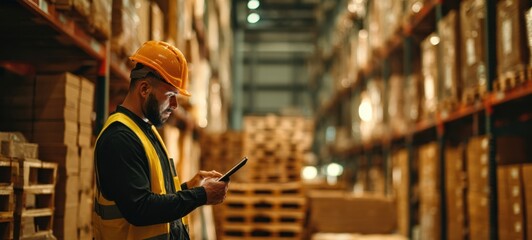 The warehouse worker using a tablet for inventory management in storage space.