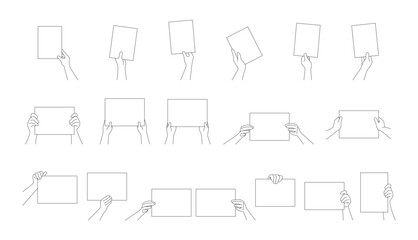 Hands holding blank paper sheet in various positions, illustrating different gestures and grips for displaying text or images