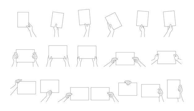 Hands holding blank paper sheet in various positions, illustrating different gestures and grips for displaying text or images
