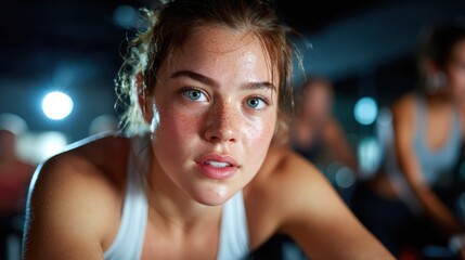 This intense image showcases a young athlete, drenched in sweat and showcasing determination, highlighting the strength and focus required during a vigorous workout session.