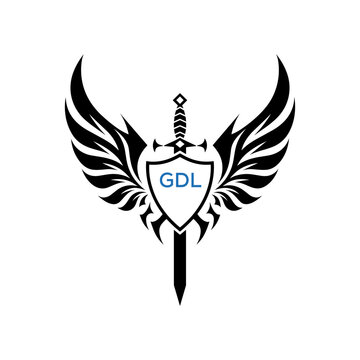 GDL Winged Sword and Shield Logo with GDL Letters, GDL Later Logo, Heraldic Emblem, Black and White Vector Design
