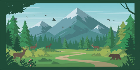 National Park Vector Landscape with Mountains and Forest