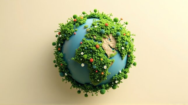 Close up of a globe covered in green vegetation and small flowers on a light beige background