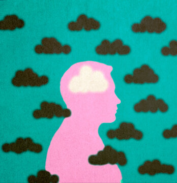 Conceptual illustration of mental outlook with clouds and silhouette