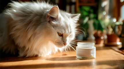 Fluffy white cat curiously sniffing a glass jar of cream on a wooden table in cozy natural light