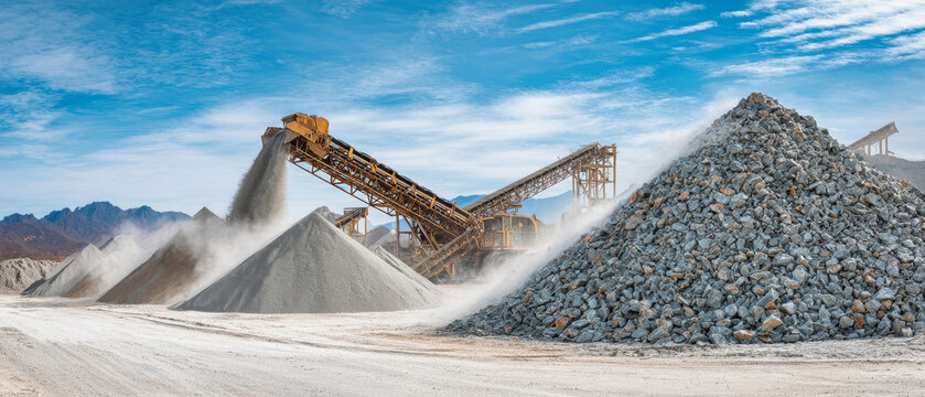 Gravel production in a granite quarry with stone crushing machinery under a clear blue sky