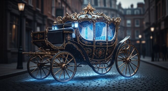 Ornate Horse Drawn Carriage Illuminated by Ethereal Blue Light on Cobblestone Street