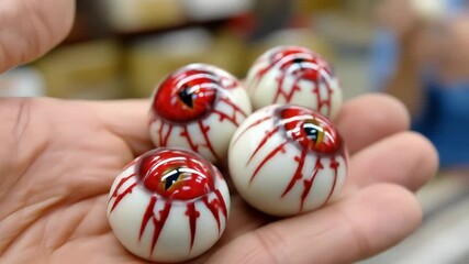 A hand holds Halloween candy eyeballs that are white with red veins and unique irises, perfect for Halloween, offering a spooky and eerie treat.
