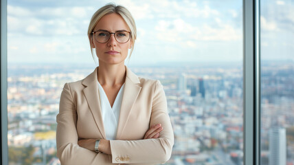 Confident Businesswoman in Modern Office with City View and Blue Sky Background