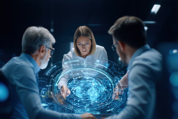 A group of professionals collaborates over a holographic display, showcasing advanced technology and data visualization in a modern work environment.