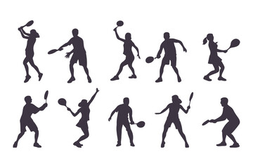Pickleball player silhouette set. Collection of male and female athletes in various action poses like serving and hitting. Isolated vector sport figures for logos, tournaments, and design.