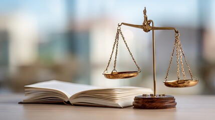 Justice scales and open book on a table.