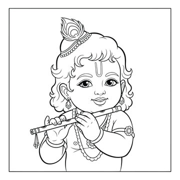 baby krishna playing flute black and white clip art preview