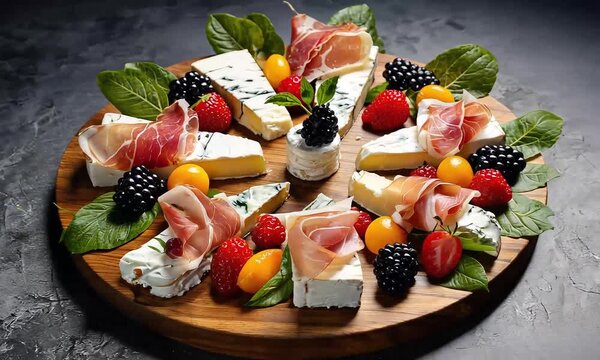 A wooden board featuring an assortment of cheeses, prosciutto, blackberries, strawberries and physalis