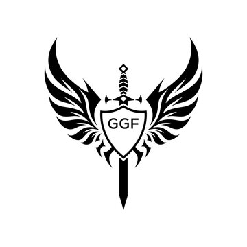 GGF Winged Sword and Shield Logo with GGF Letters, GGF Later Logo, Heraldic Emblem, Black and White Vector Design
