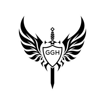 GGH Winged Sword and Shield Logo with GGH Letters, GGH Later Logo, Heraldic Emblem, Black and White Vector Design
