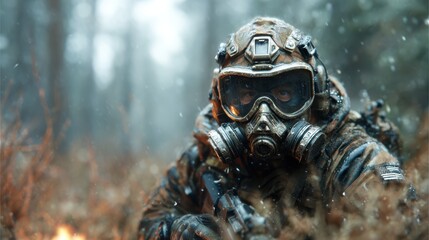 This striking portrait depicts a tactical soldier in camouflage gear, fully equipped with a gas mask, in a dense forest setting, showcasing determination and readiness.